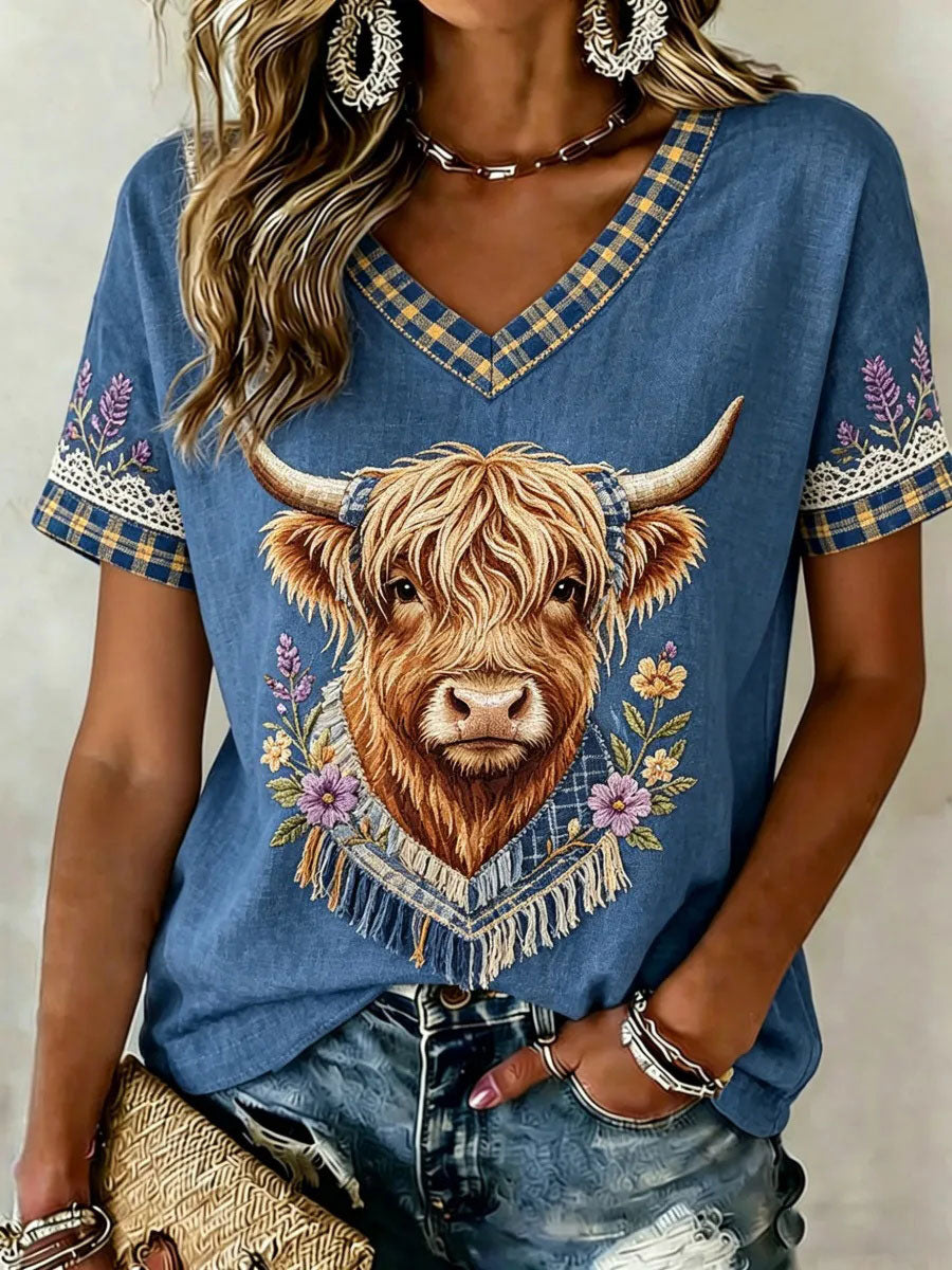 Women's Highland Denim Plaid Print T-shirt