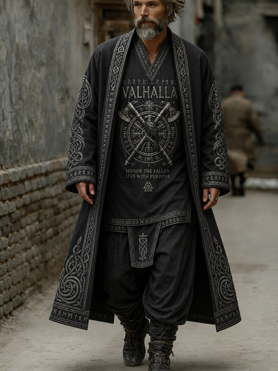 Men's Retro Viking Print Casual Long Trench Coat