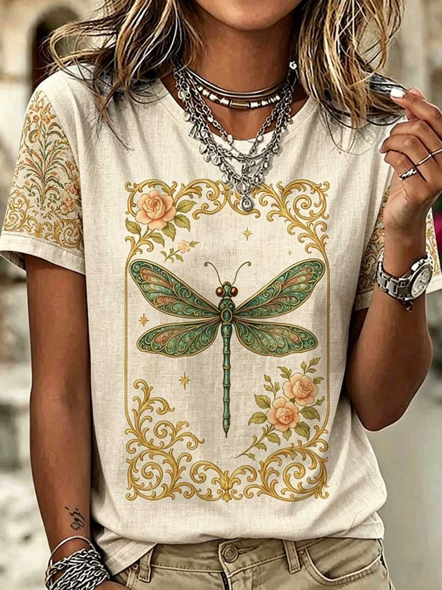 Women's Dragonfly Art Printed Vintage Fashion Loose Short Sleeve T-Shirt