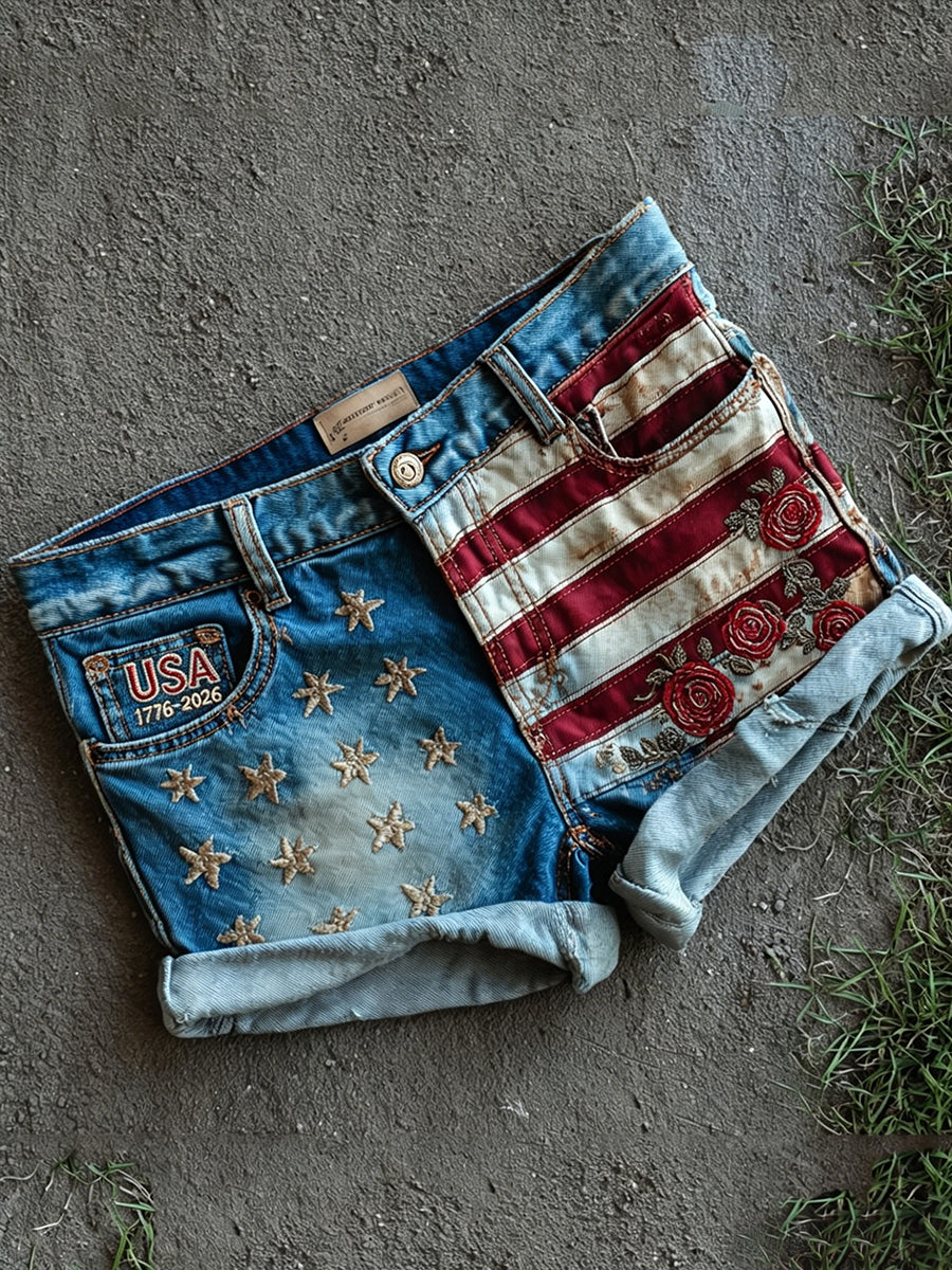 Women's USA 1776-2026 American Flag Roses Print Vintage Denim Shorts