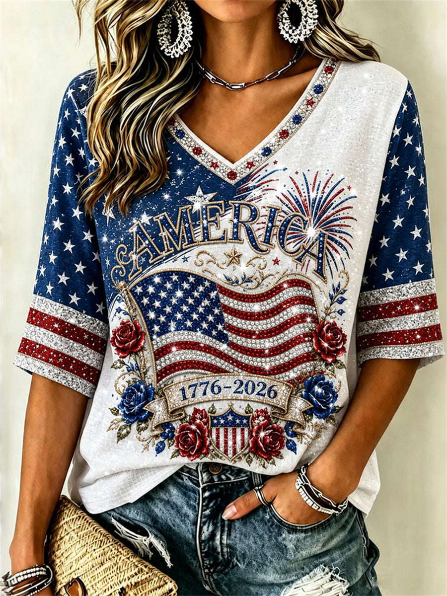 Women's America 1776-2026 Flag Floral Glitter Print Waffle T-shirt