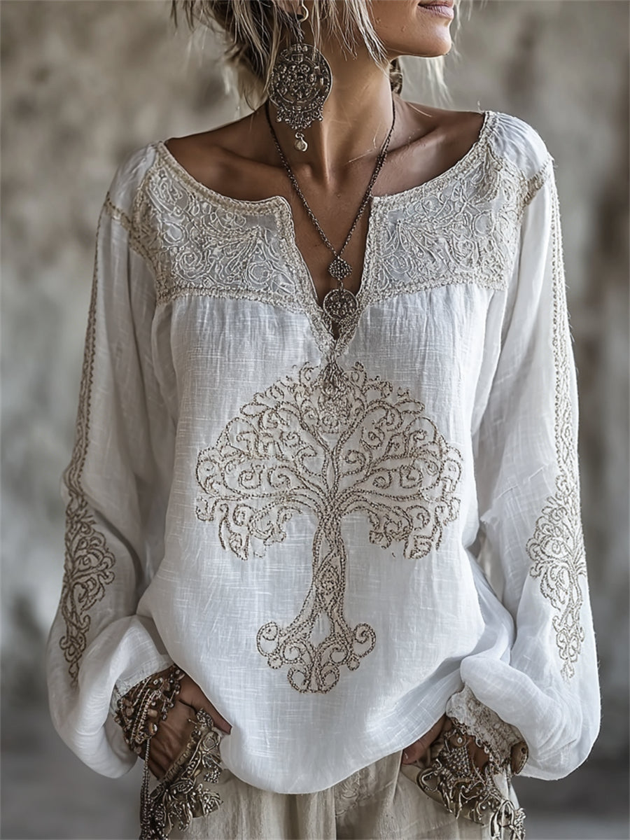 Women's Vintage Tree of Life Print Notch Neck Cotton-Linen Shirt