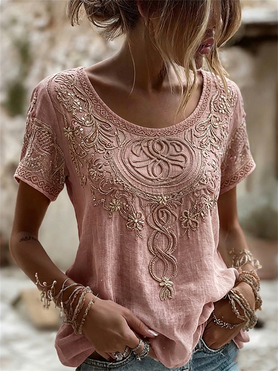 Women's Vintage Viking Celtic Knot & Floral Print linen short-sleeved T-shirt