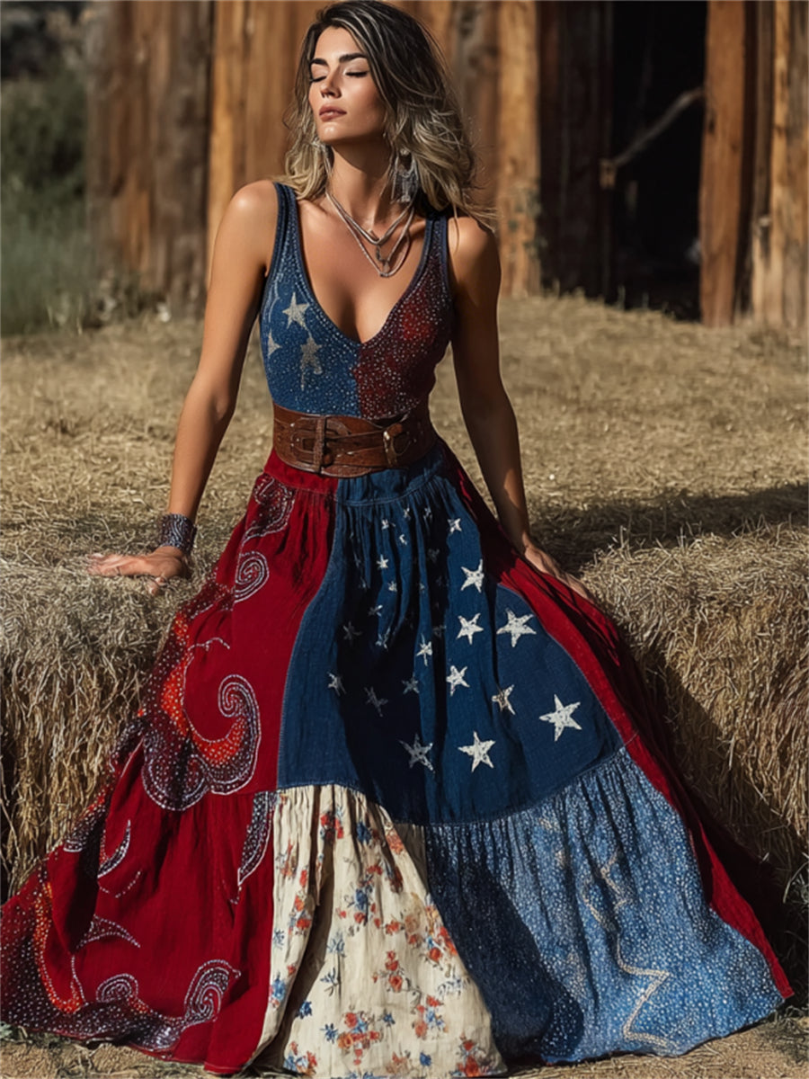 Women's Vintage American Flag Floral Patchwork Print Flowy Maxi Dress