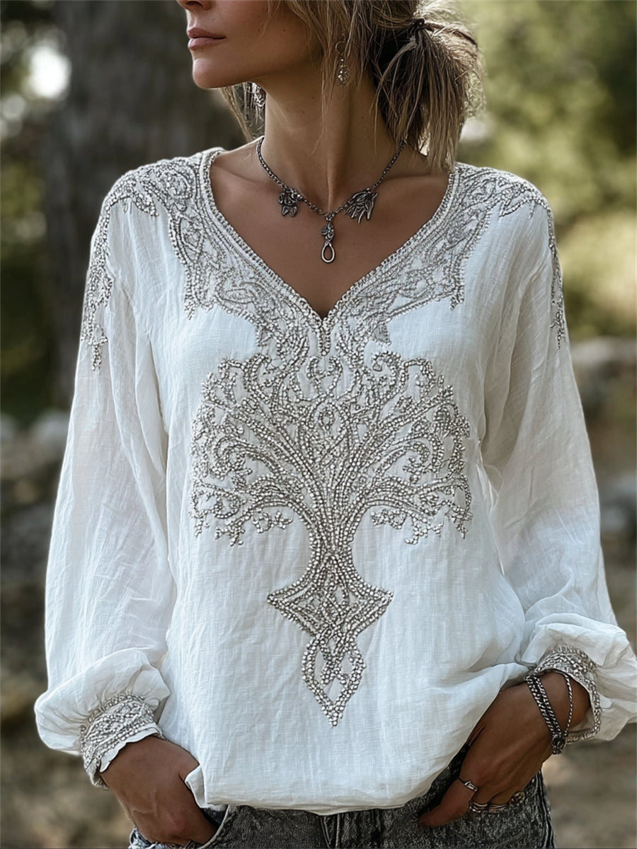 Women's Classy Vintage Viking Tree of Life Celtic Print Cotton-Linen Shirt