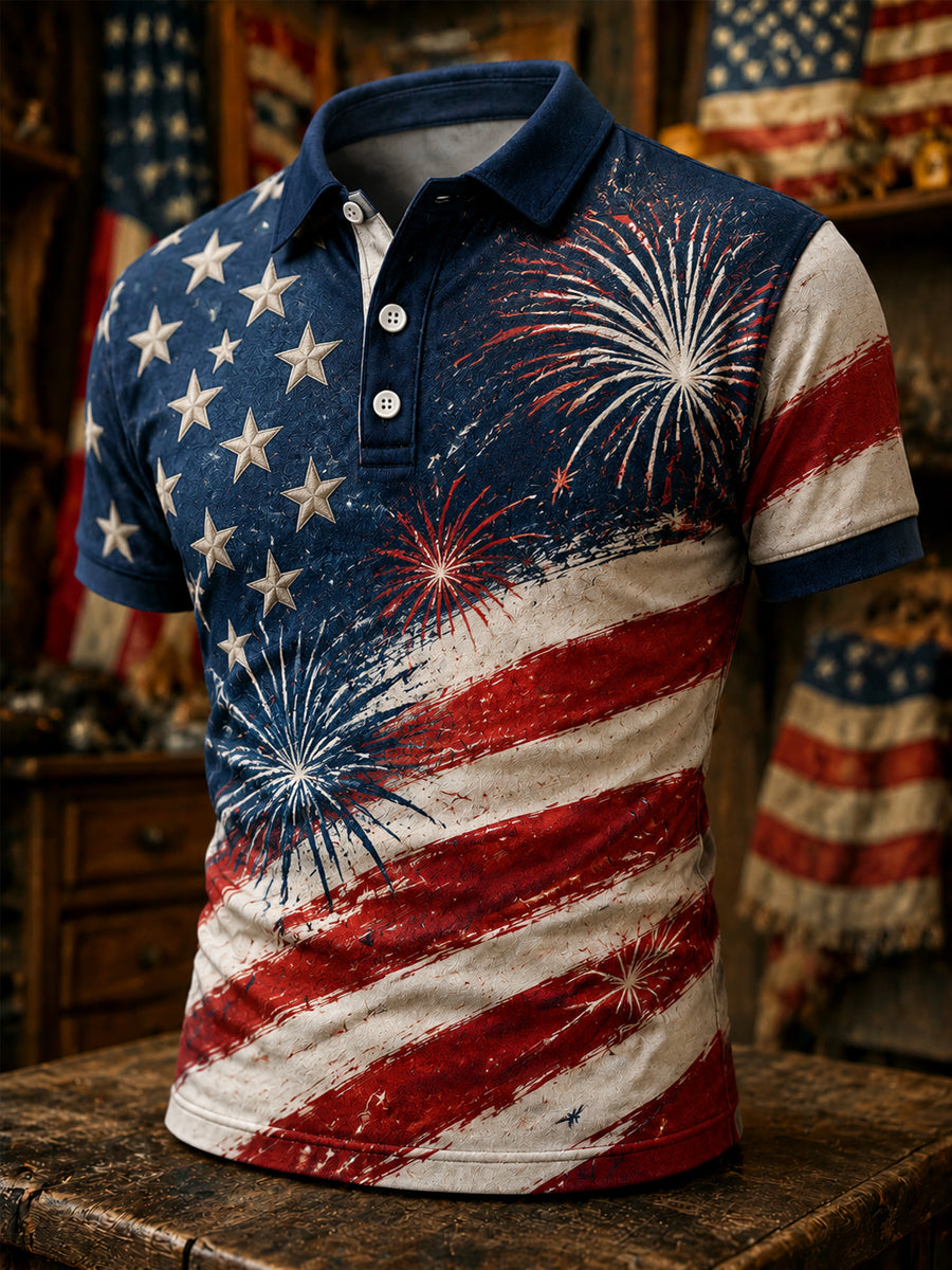 Men's Independence Day USA Flag Print Casual Patriotic Polo