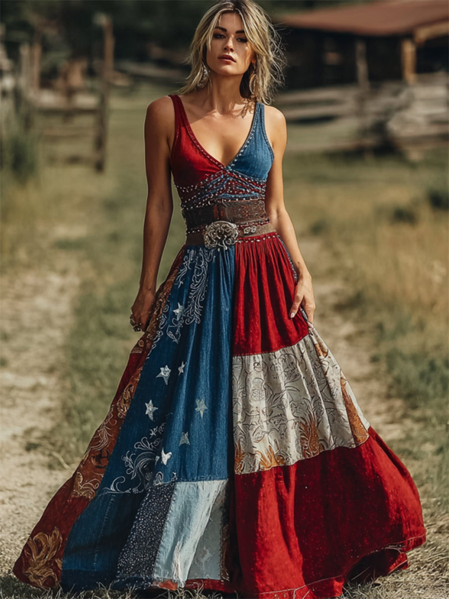 Women's Western Paisley & American Flag Colorblock Print Flowy Maxi Dress