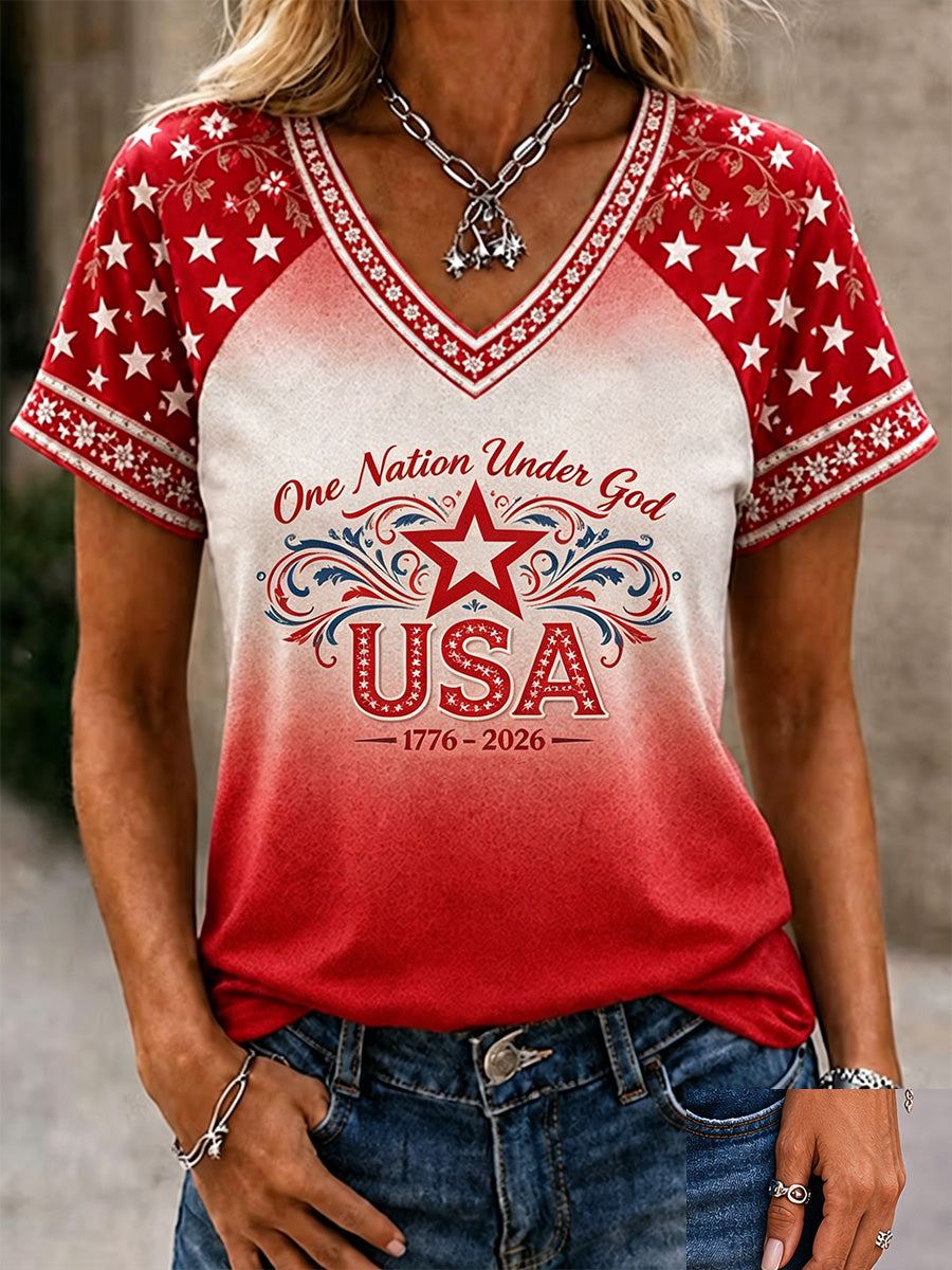 Women's Independence Day One Nation Under God Print V-Neck Tee