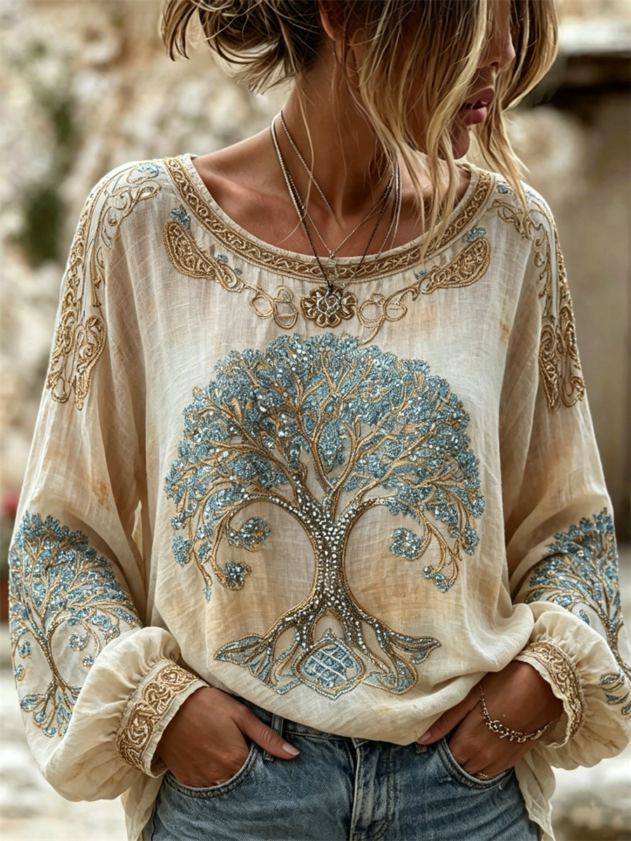 Women's Vintage Viking Tree of Life Celtic Print Cotton-Linen Shirt