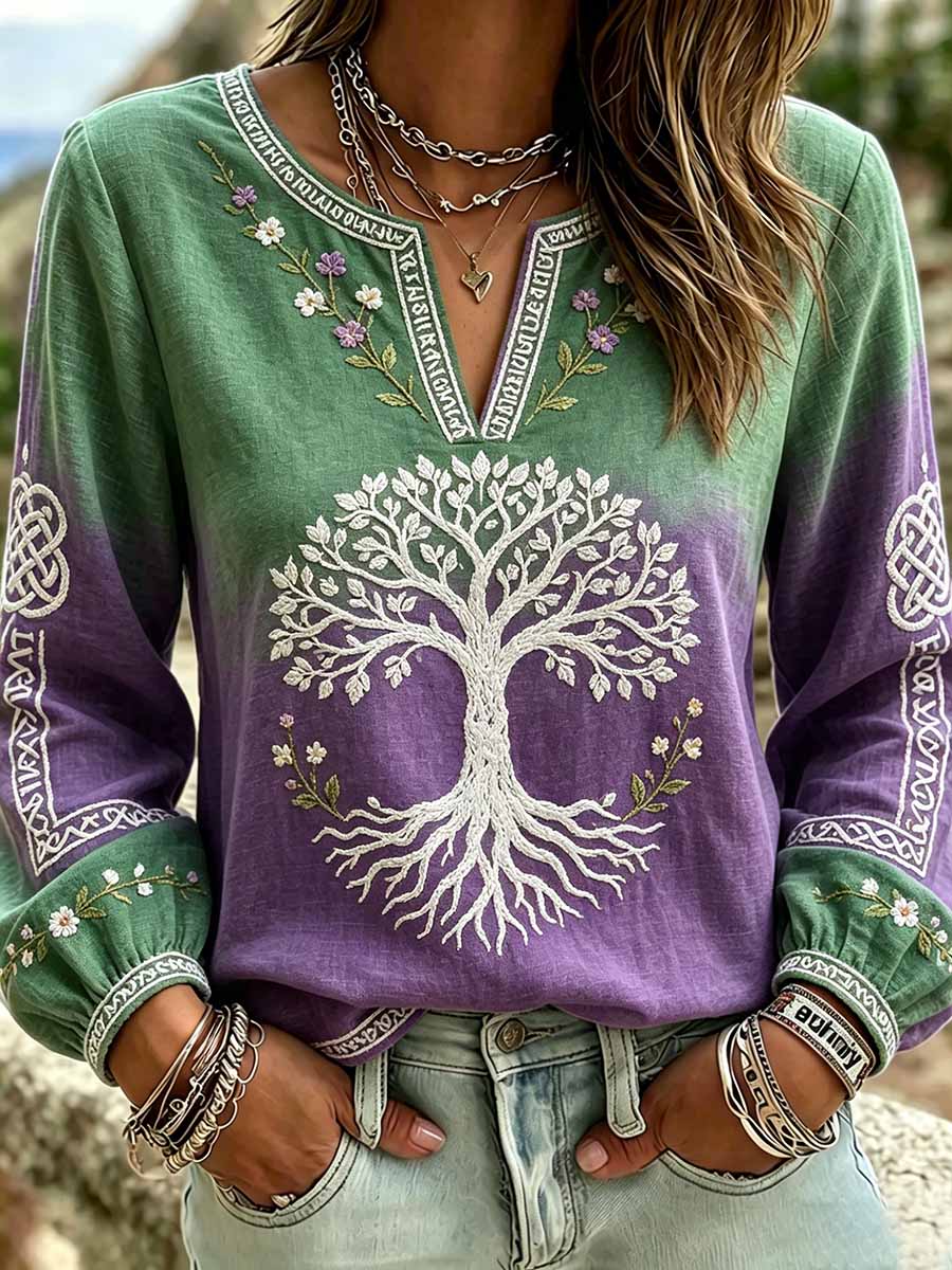 Women's Retro Forest Tree of Life Viking Pattern Printed T-Shirt