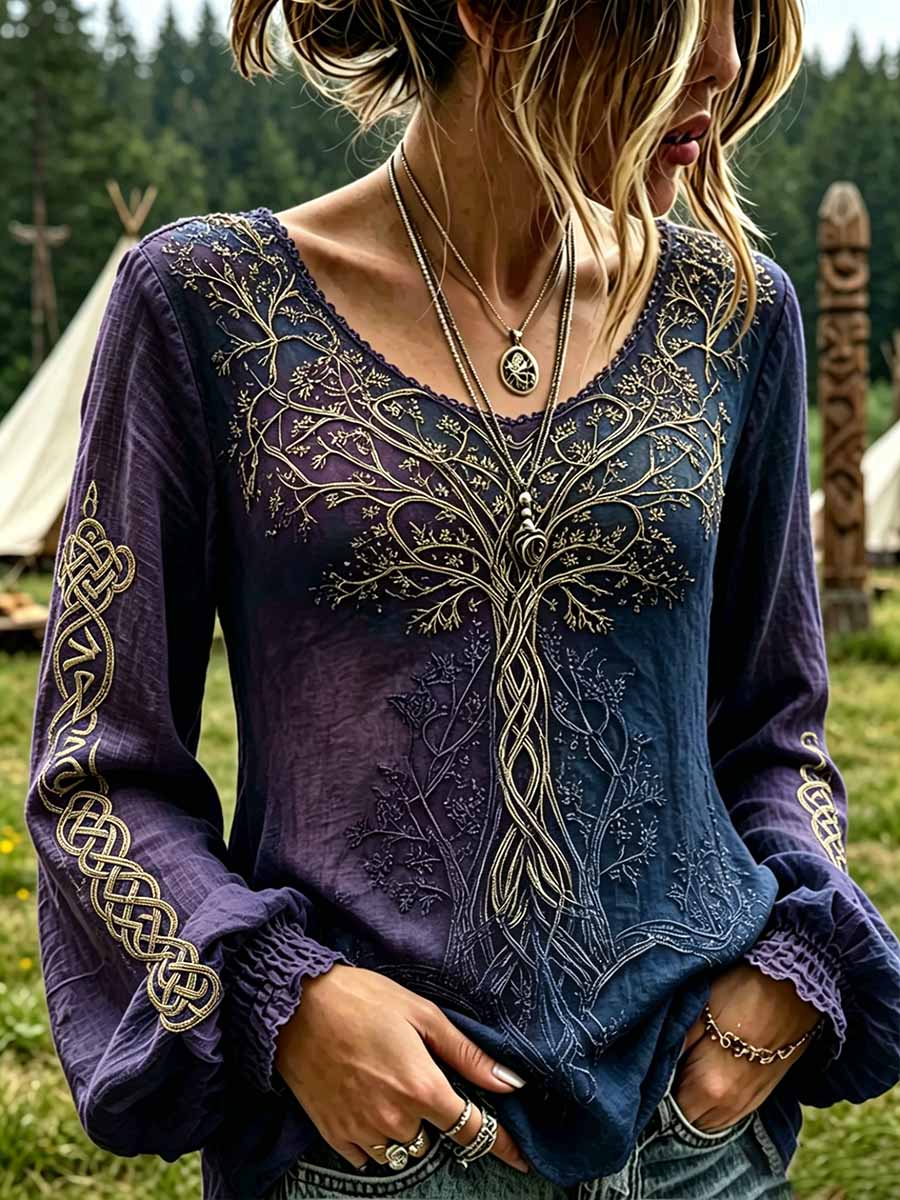 Women's Retro Tree of Life Viking Pattern Printed T-Shirt