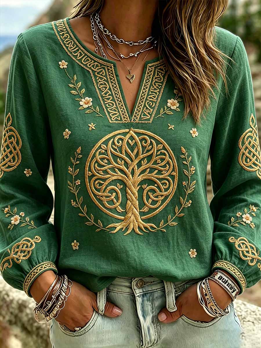Women's Retro Forest Tree of Life Viking Pattern Printed T-Shirt
