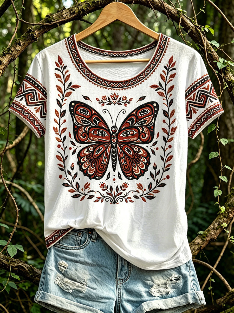 Women's Casual T-Shirt with North American Indigenous Butterfly Totem Design