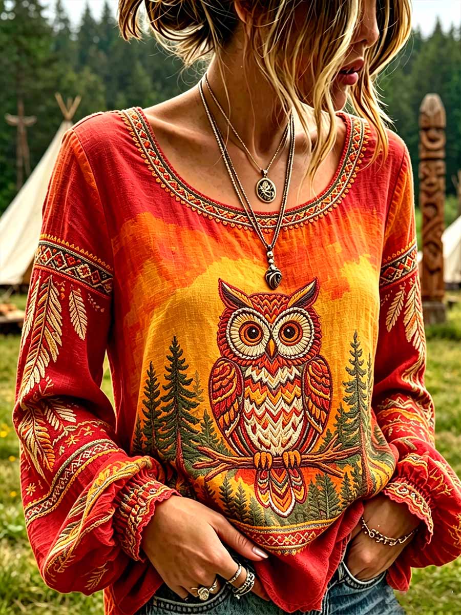 Women's Retro Tribal Owl Totem Print Casual T-Shirt