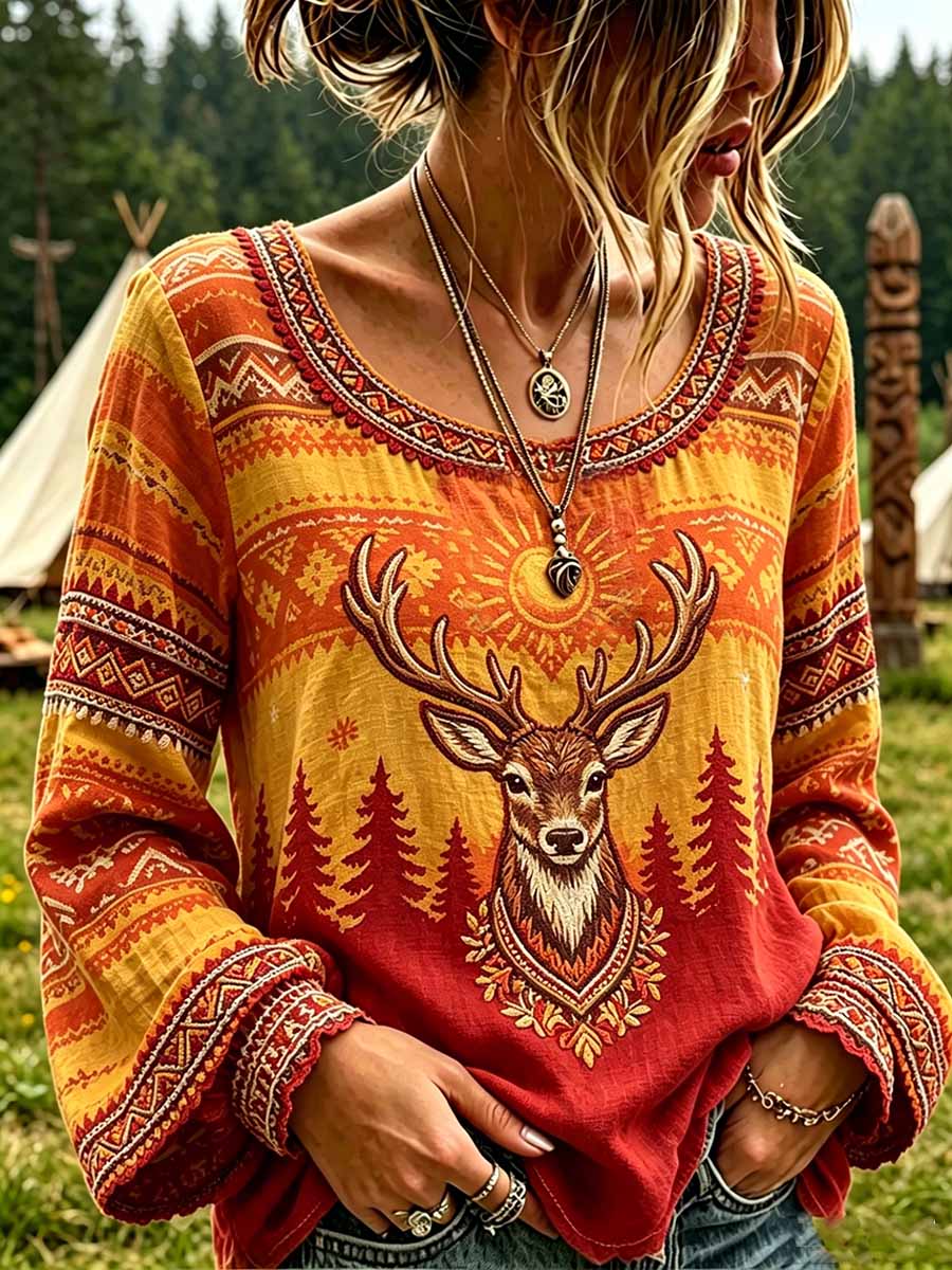Women's Retro Tribal Deer Totem Print Casual T-Shirt