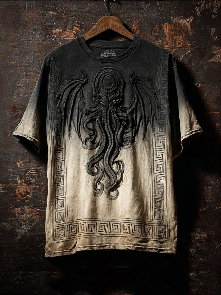 Men's Dark Cthulu Great Old One Print Contrast Gradient short sleeves t-shirt