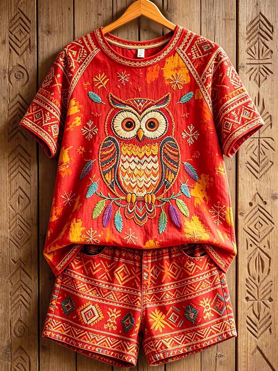 Women's Retro Tribal Owl Totem Print Casual T-Shirt Set