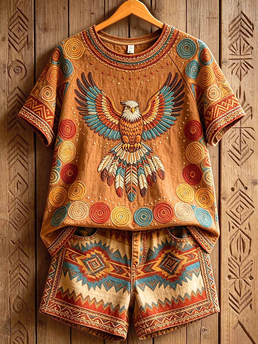 Women's Retro Tribal Eagle Totem Print Casual T-Shirt Set