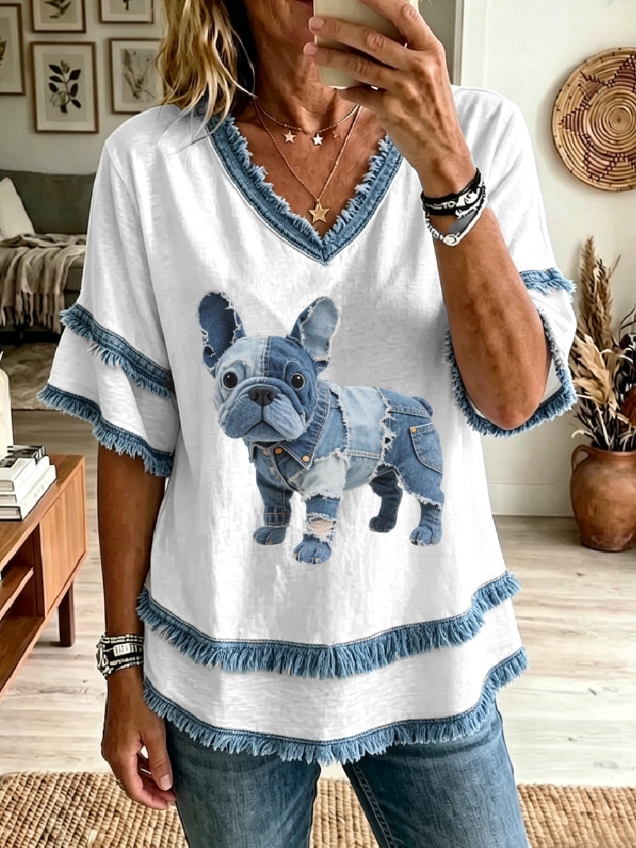 Women's Lovely French Bulldog Denim Patchwork Art Tassel Top