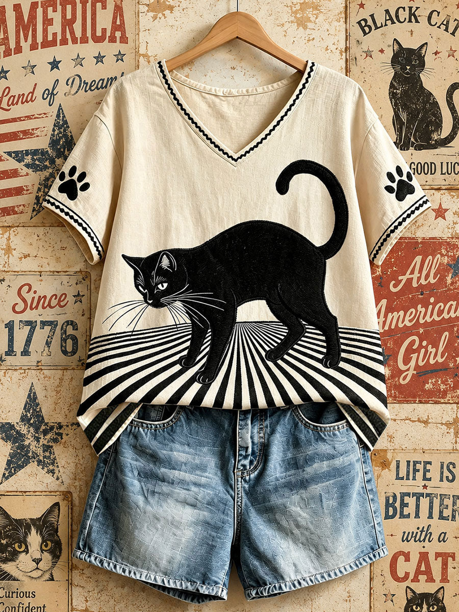 Women's American Vintage Black Cat V-Neck Tops