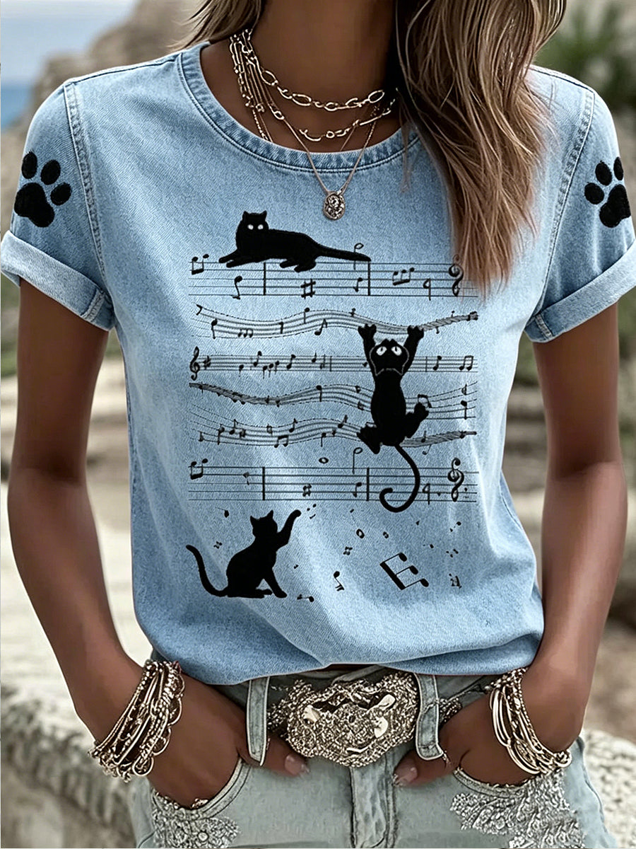Women's Animal Music Cat Printed Vintage Fashion Loose Short Sleeve T-Shirt