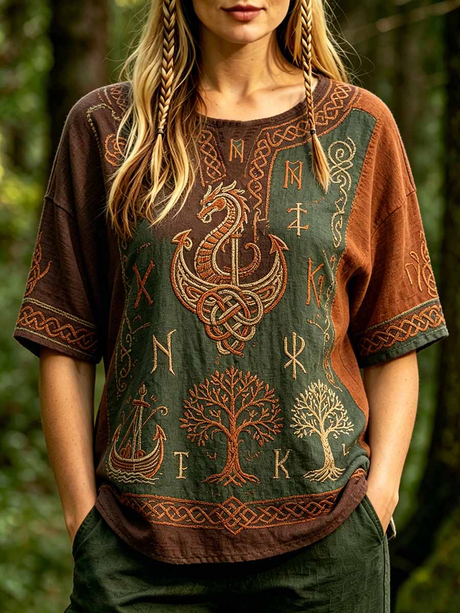 Women's Forest Viking Totem Print T-Shirt