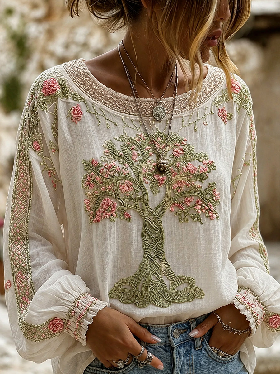 Women's Vintage Floral Art Print Casual Cotton-Linen Top