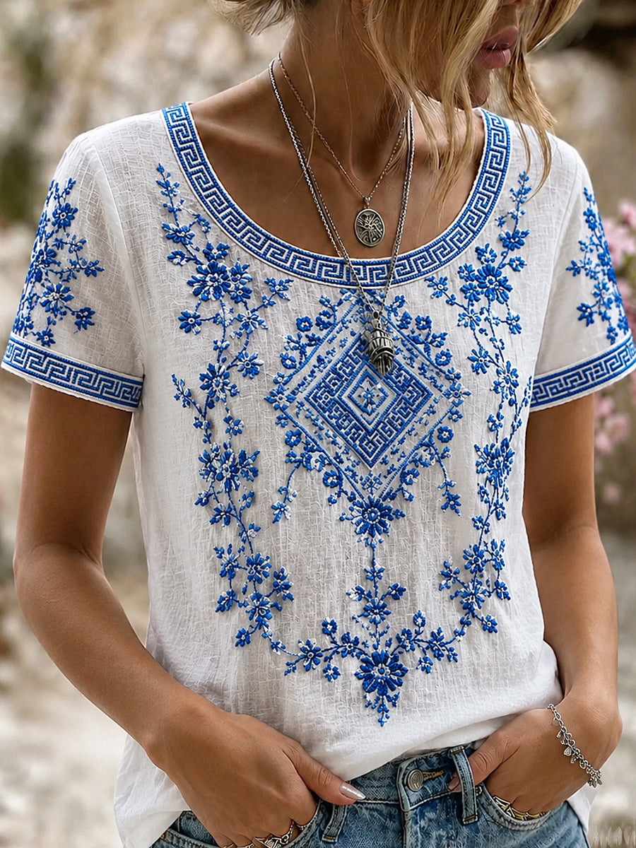 Women's Vintage Floral Art Print Casual Cotton-Linen Top