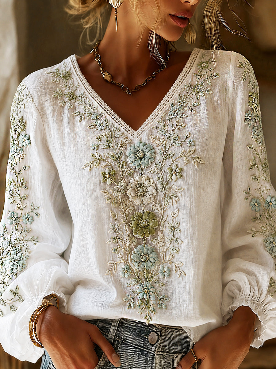 Women's Vintage Floral Art Print Casual Cotton-Linen Top