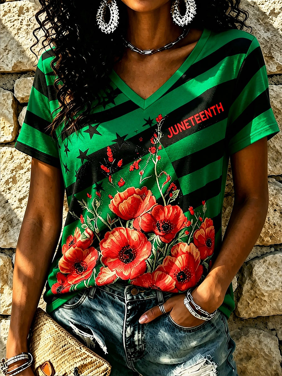 Women's Juneteenth Floral Print V-Neck Top