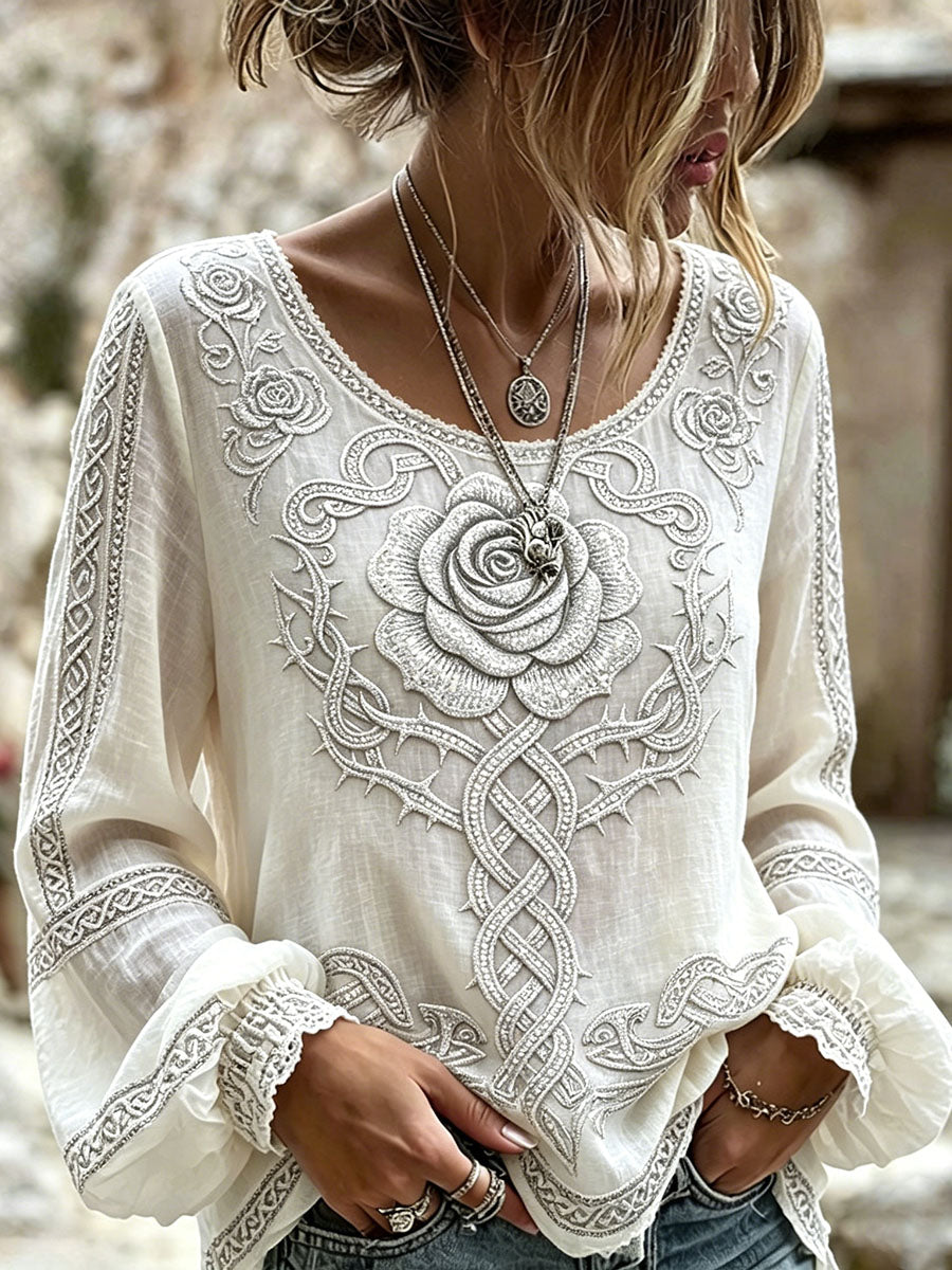 Women's Viking Celtic Knot Rose Print Cotton-Linen Shirt