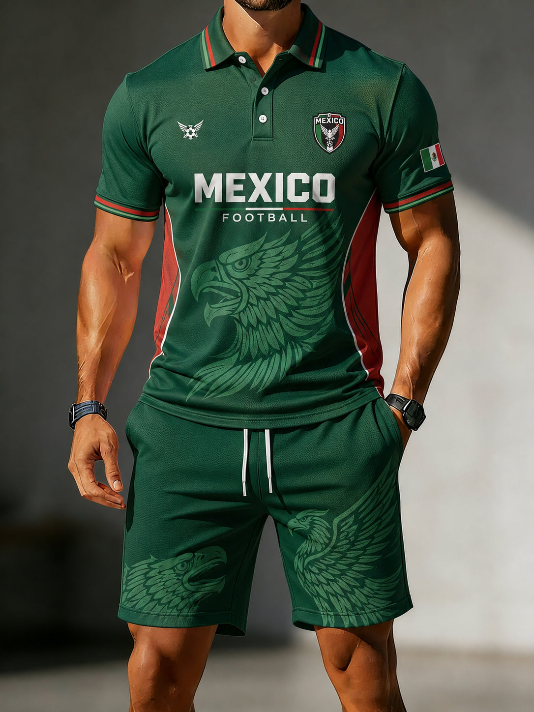 Men's Football-Themed Printed Casual Short-Sleeve Polo Shirt Set