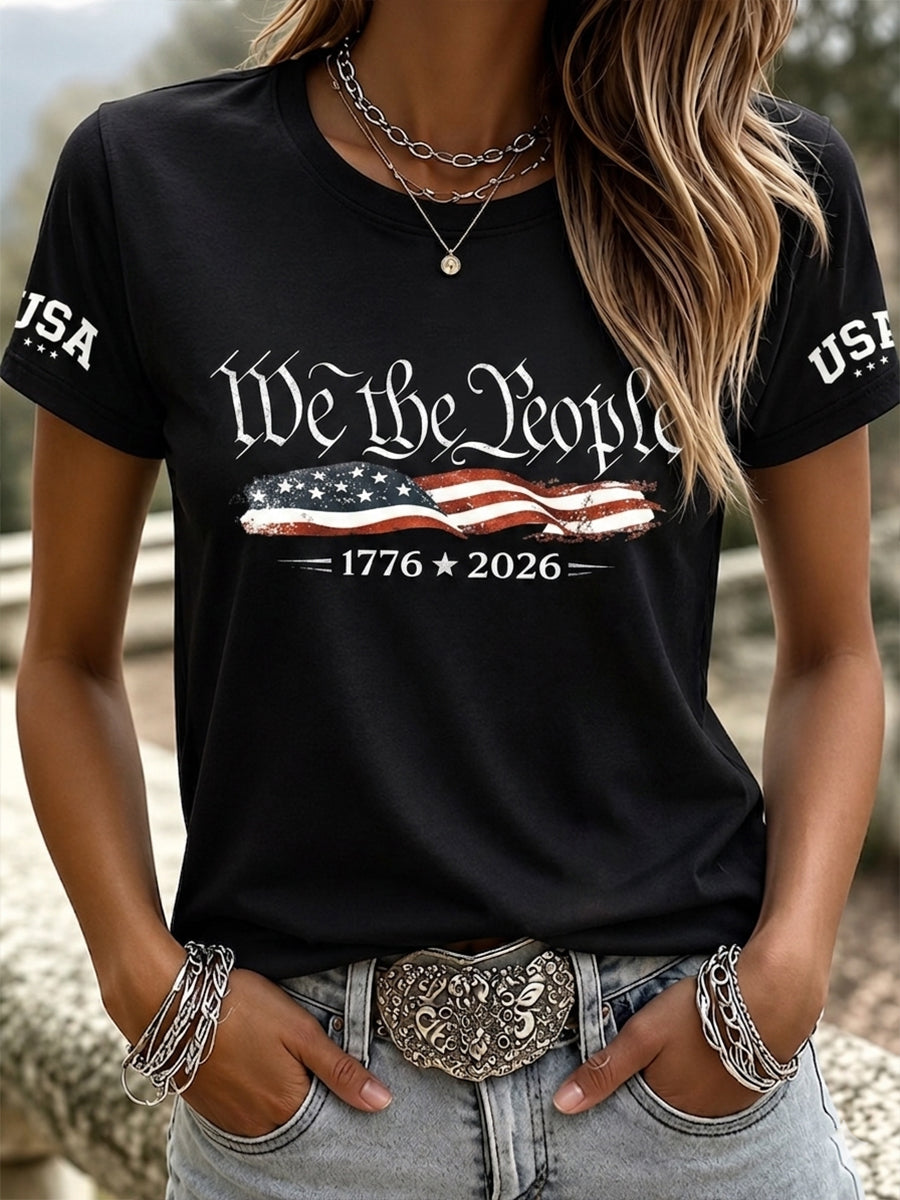 Women's Vintage Independence Day Flag We The People 1776 Print Short Sleeve T-shirt