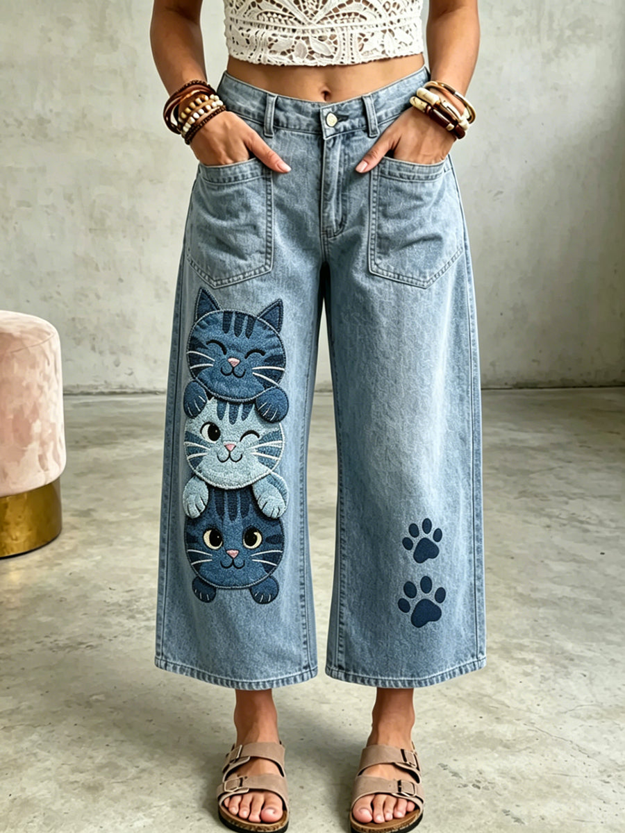 Women's Animal Cat Art Print Trousers
