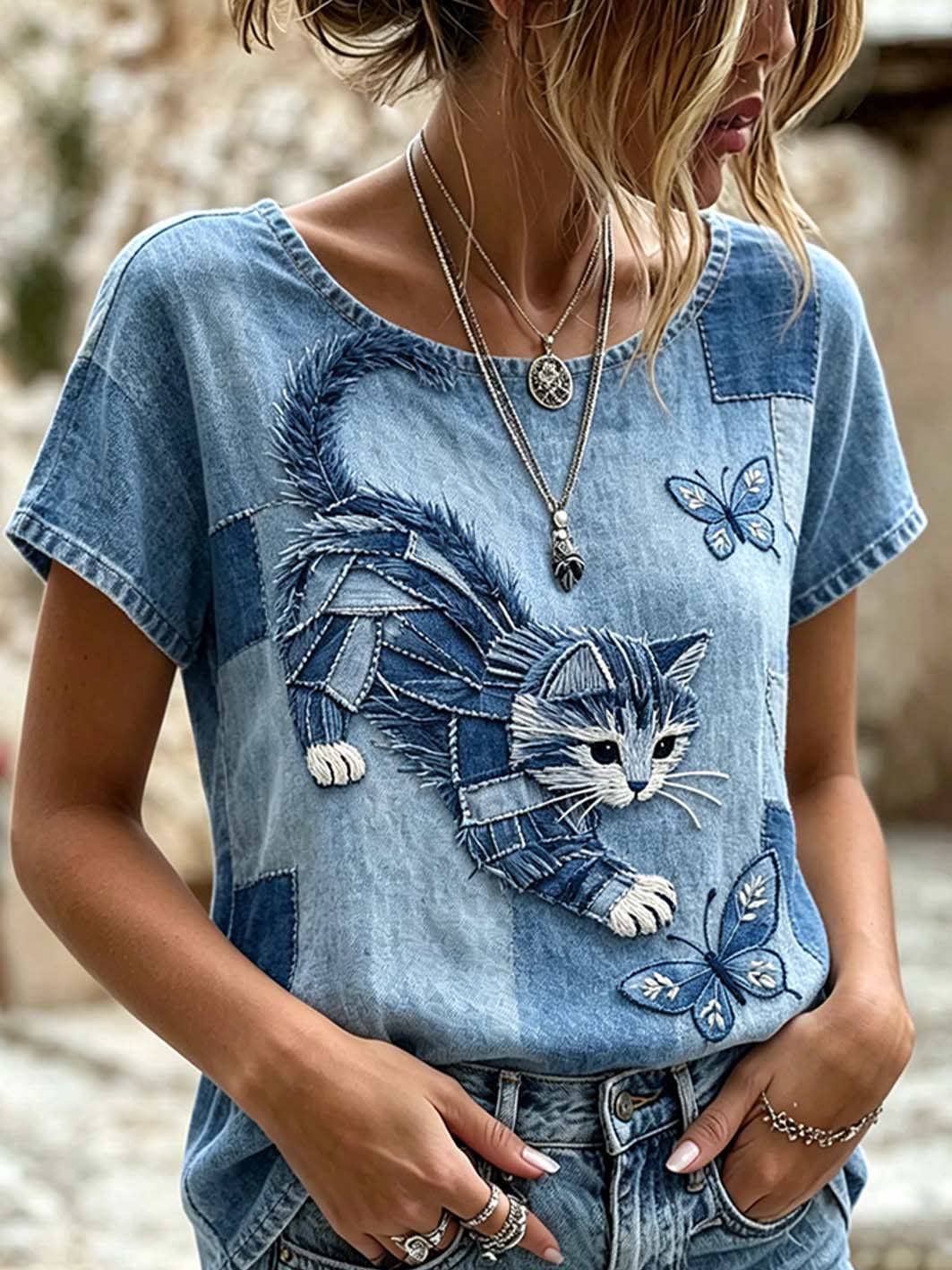 Women's Cute Cat Pattern Printed Leisure linen short-sleeved T-shirt