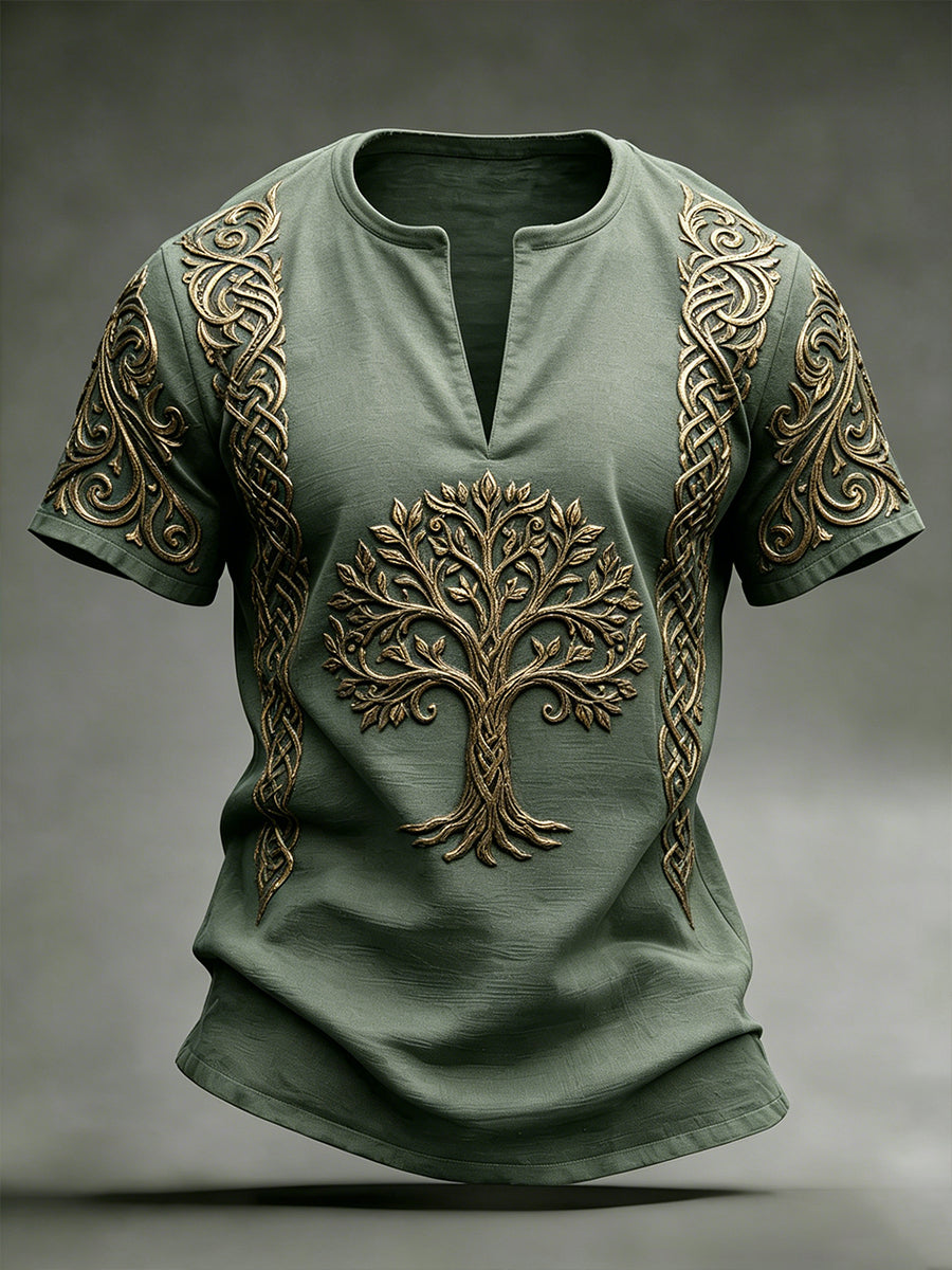 Men's Retro Viking Element Print V-Neck Short-Sleeve Top