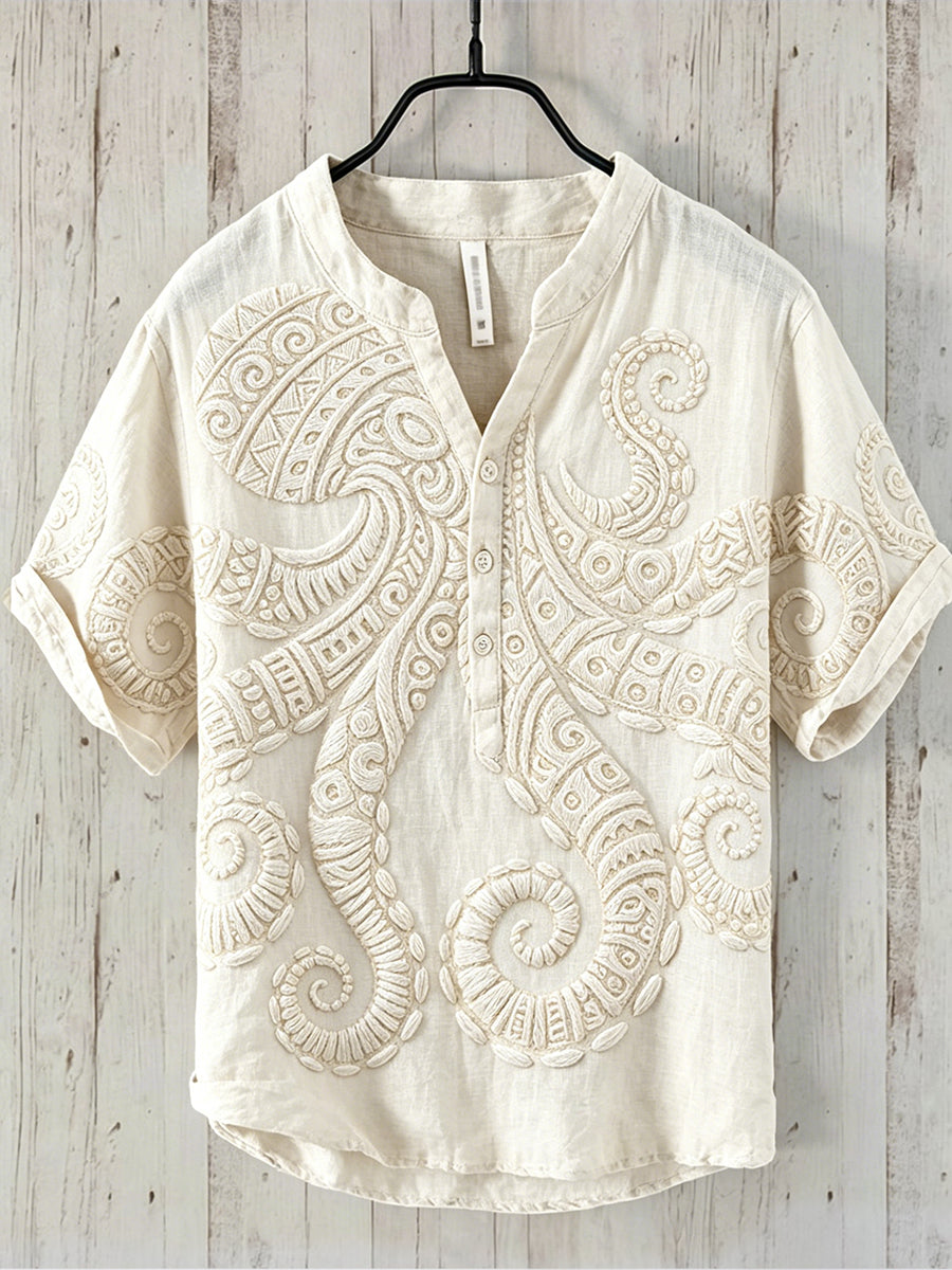 Men's Vintage Ocean Octopus Art Print Short Sleeve Shirt
