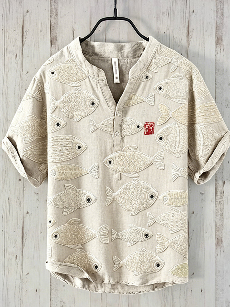 Men's Vintage Fishes Japanese Art Print Short Sleeve Shirt