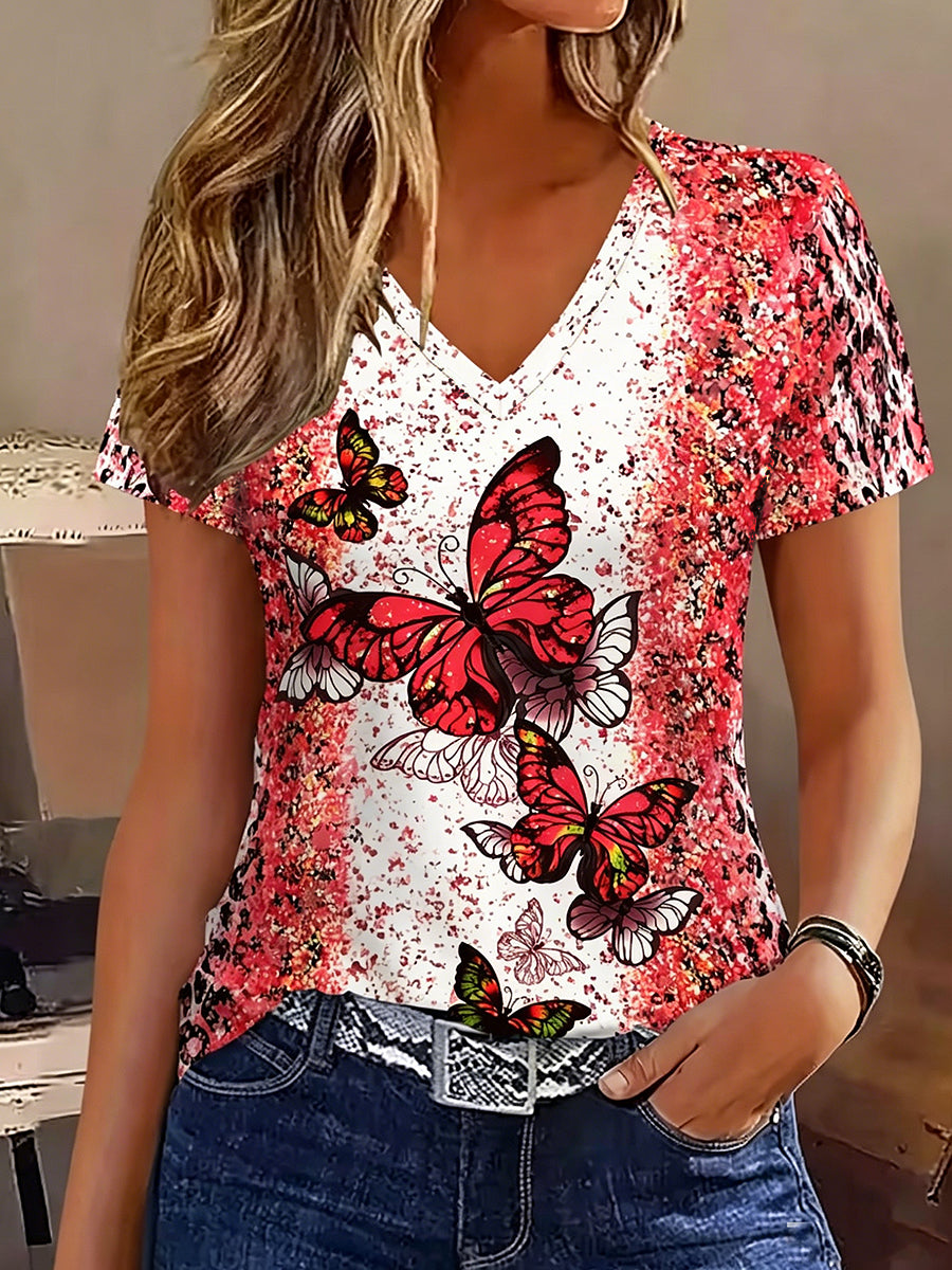 Women's Animal Butterfly Printed Vintage Fashion Loose Short Sleeve T-Shirt