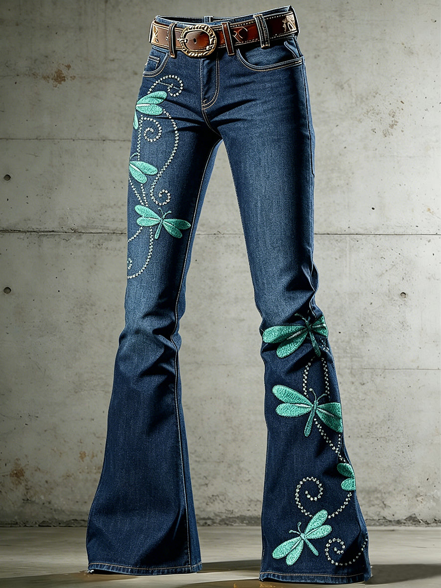 Women's Art Animal Dragonfly Print Flared Trousers