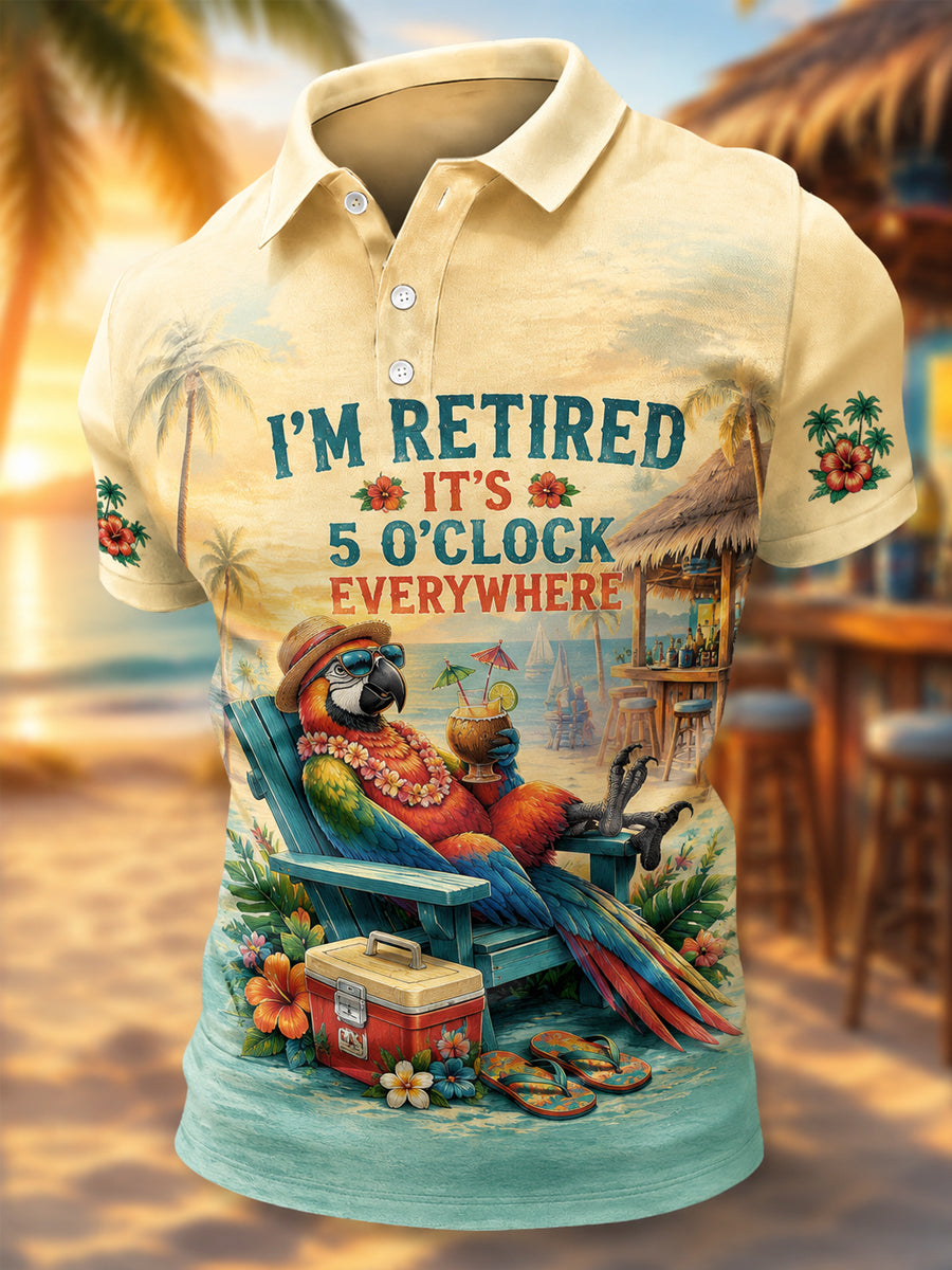 Men's I'm Retired It's 5 O'clock Everywhere Parrot Print Casual Polo