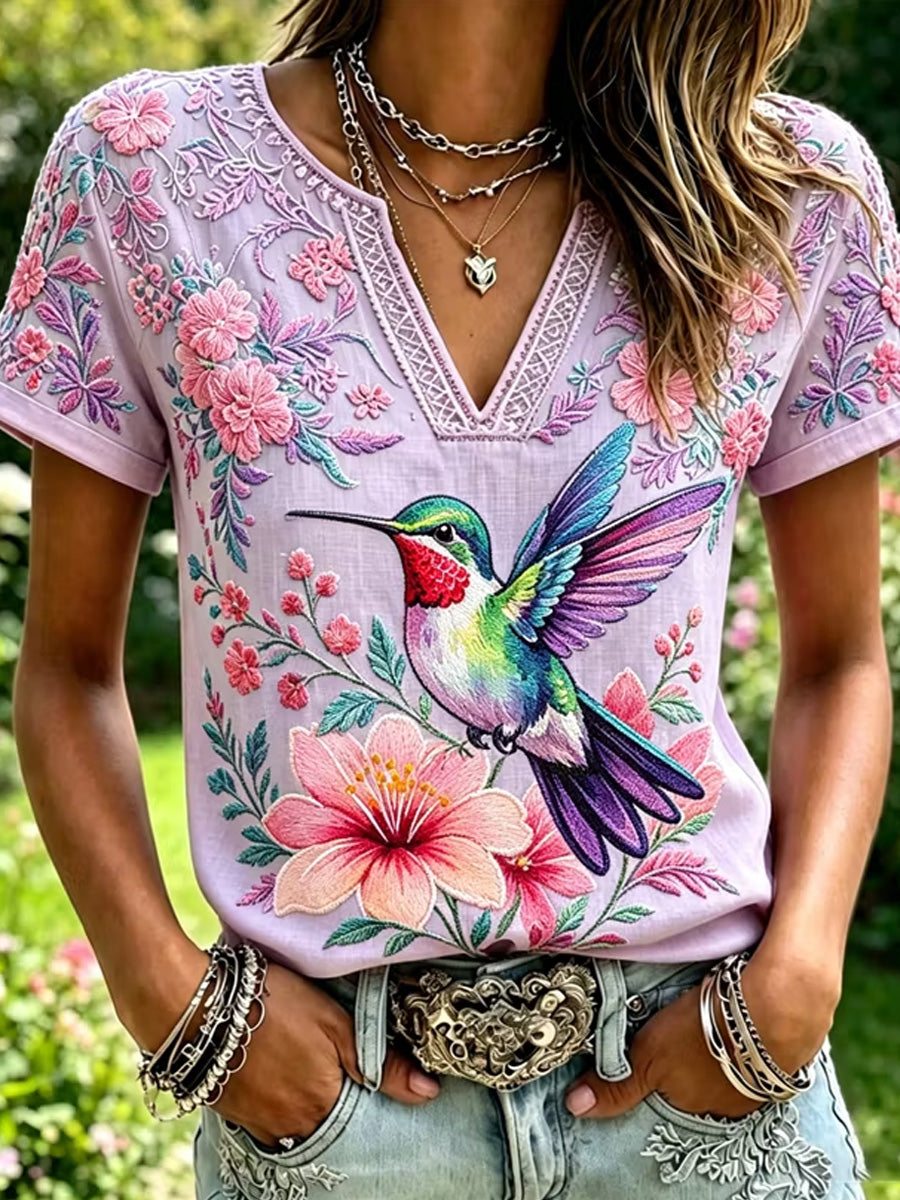 Women's Floral Hummingbird Print Casual V-Neck Top