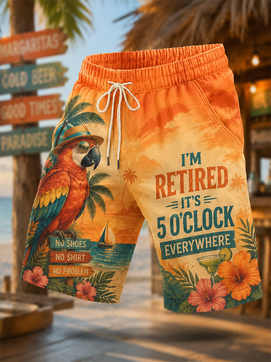 Men's I'm Retired It's 5 O'clock Everywhere Parrot Print Casual Shorts