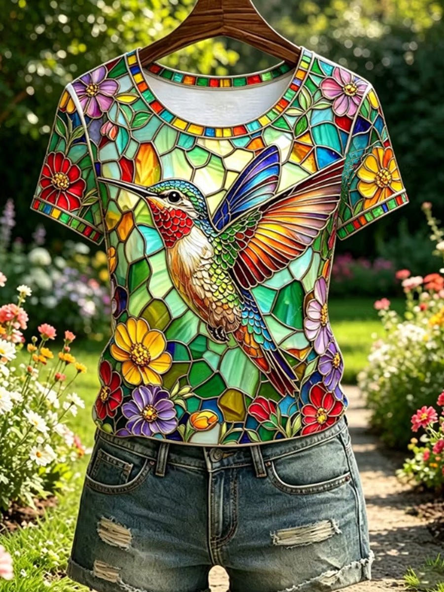Women's Floral Hummingbird Print Casual Tee