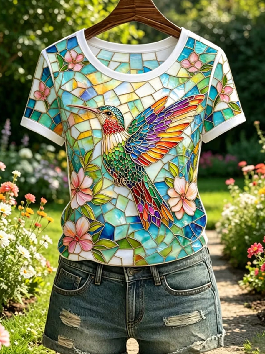 Women's Floral Hummingbird Print Casual Tee