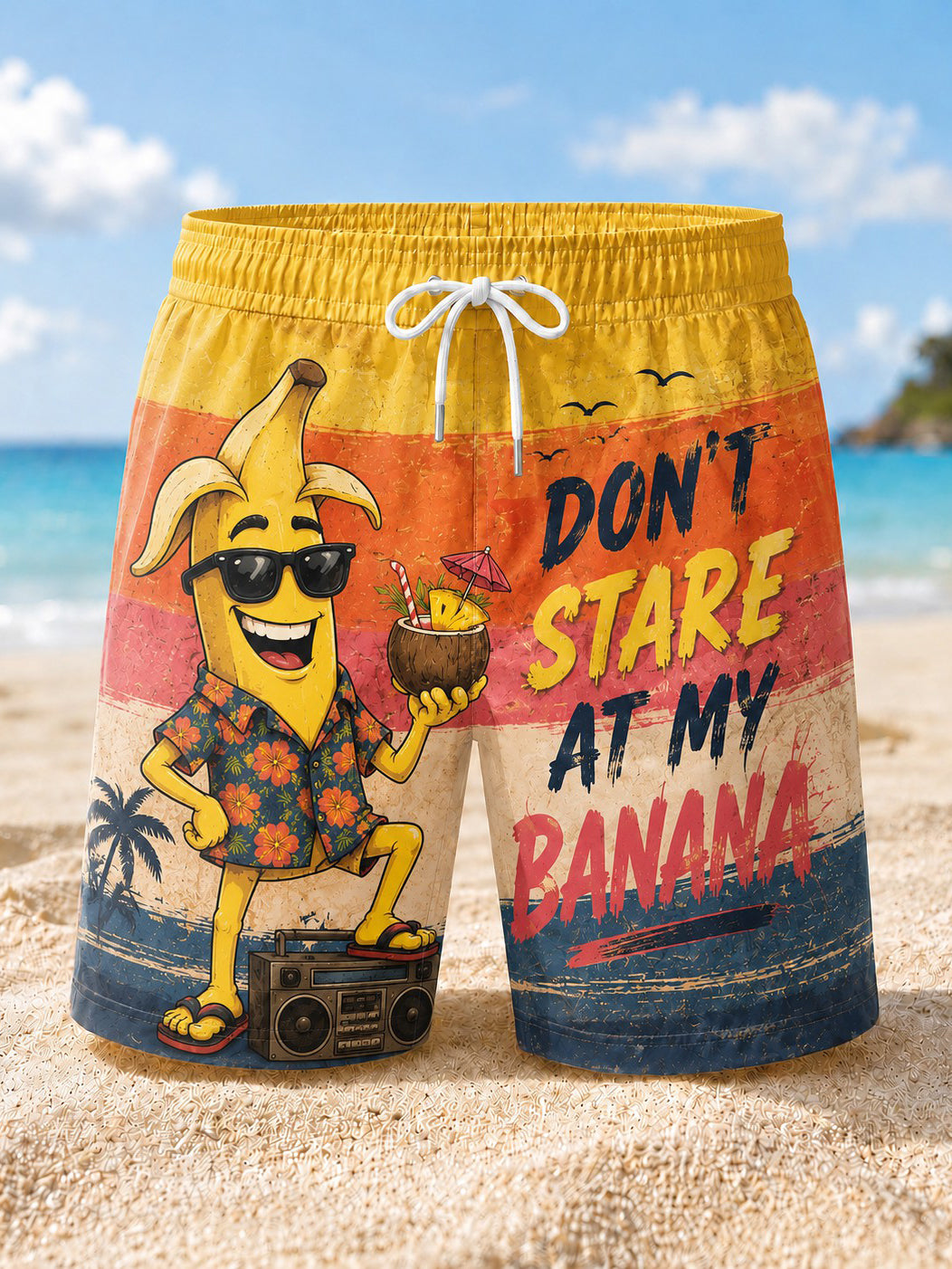 Men's DON'T STARE AT MY BANANA Printed Beach Shorts