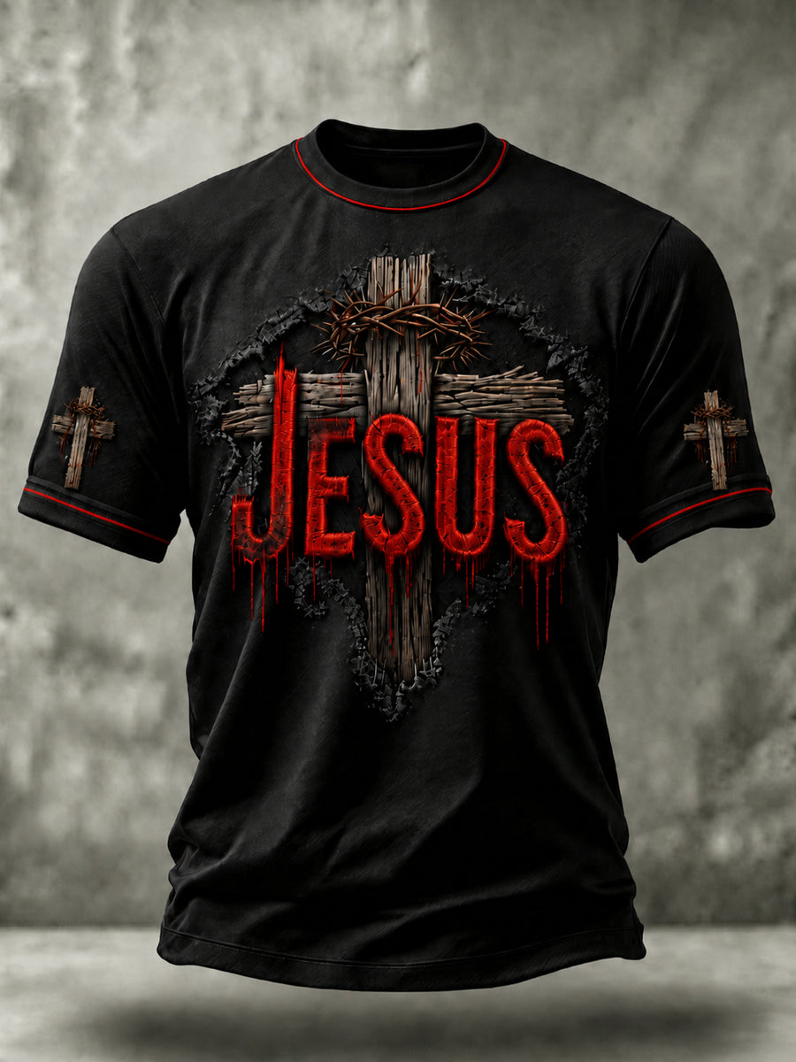 Men's Christian Jesus Cross Print Short Sleeve T-shirt