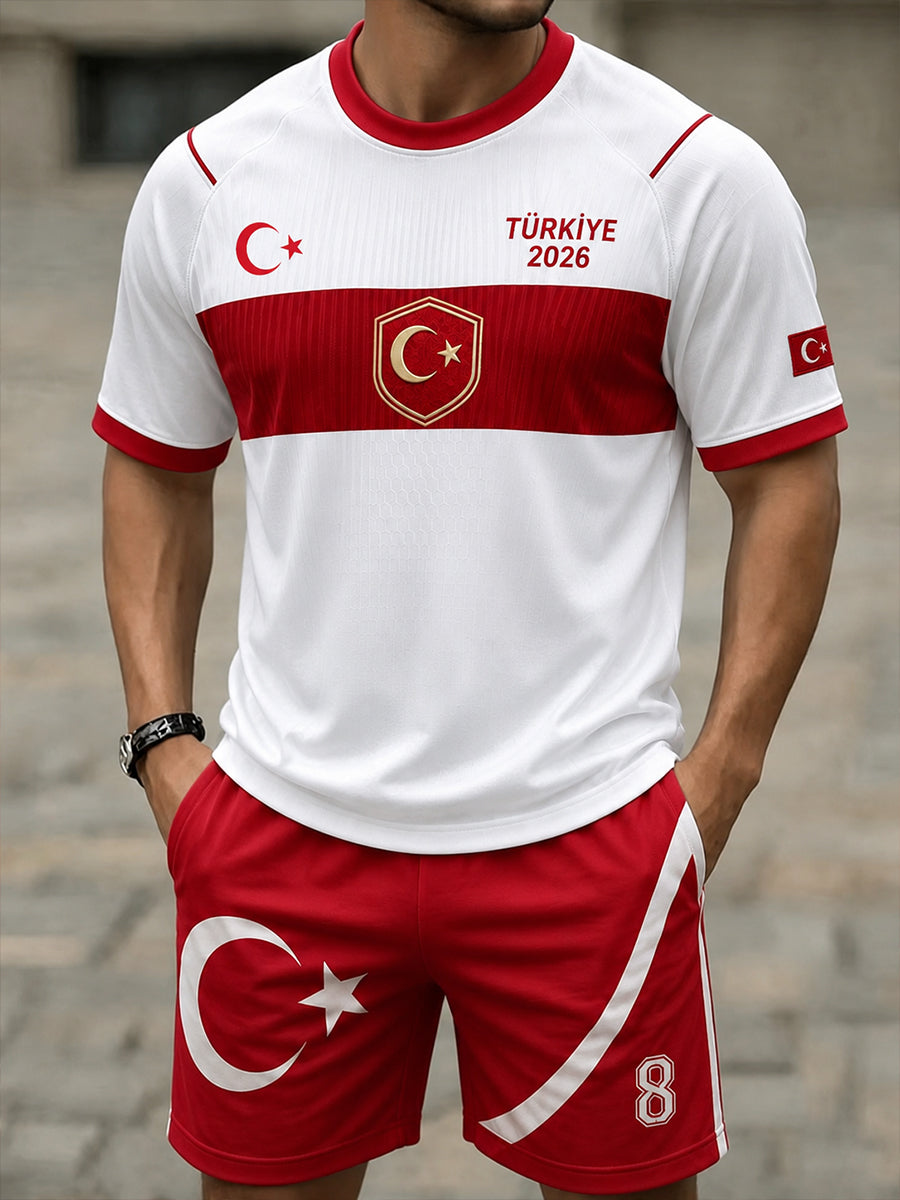 Men's Football-Themed Printed Short-Sleeve T-Shirt Set