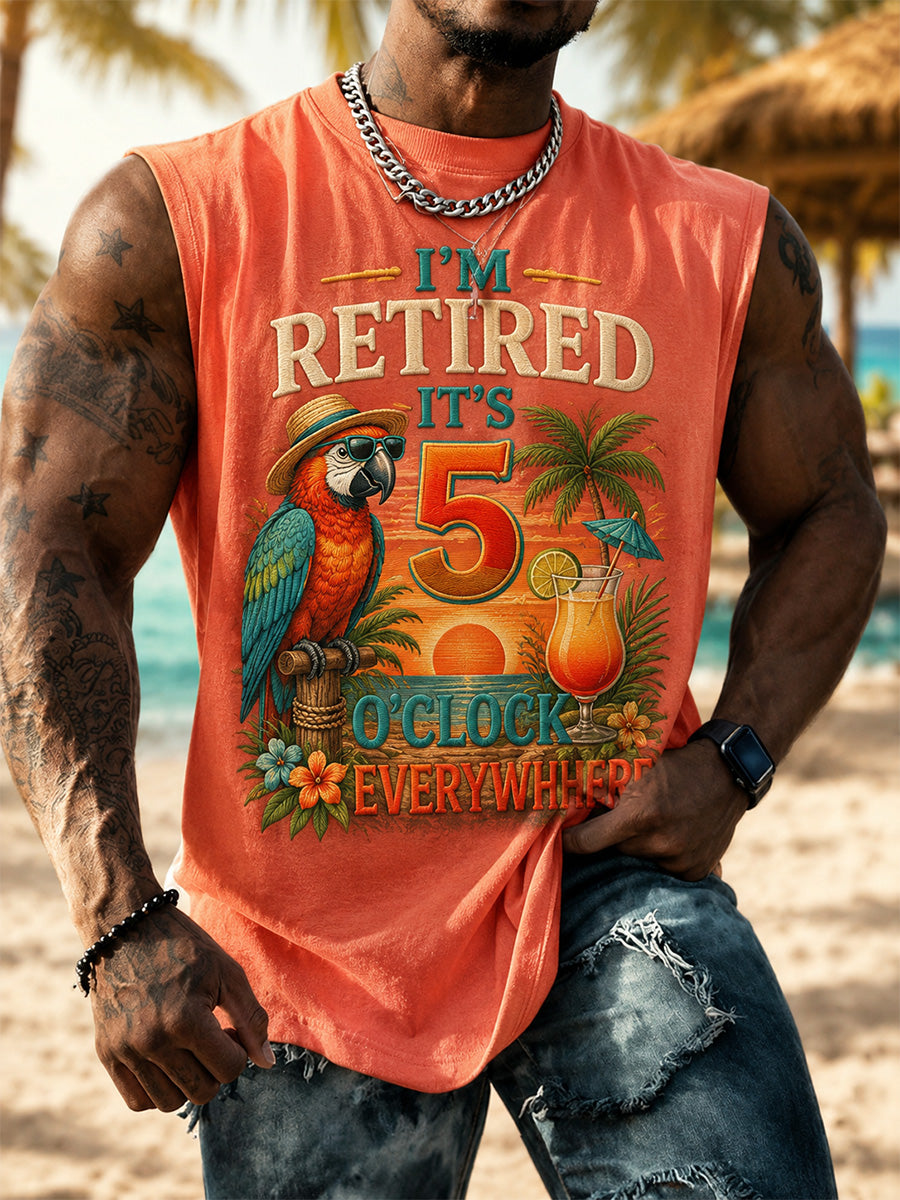 Men's I'm Retired It's 5 O'clock Everywhere Parrot Print Casual Shorts Vest