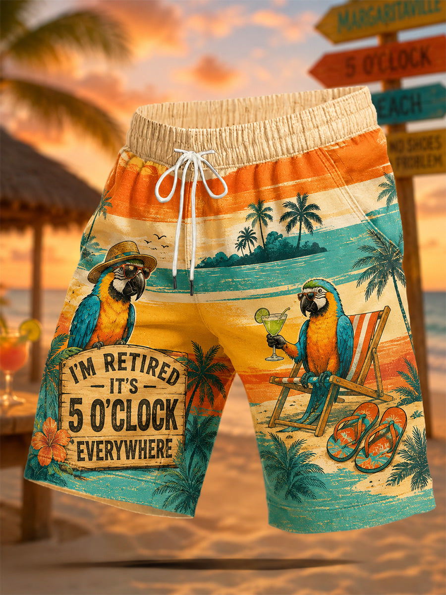 Men's I'm Retired It's 5 O'clock Everywhere Parrot Print Casual Shorts